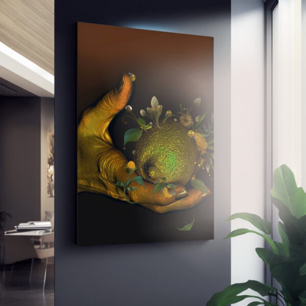 evergold art print with hand and lemon and plants in interior