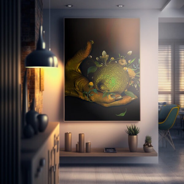evergold art print with hand and lemon and plants n interior