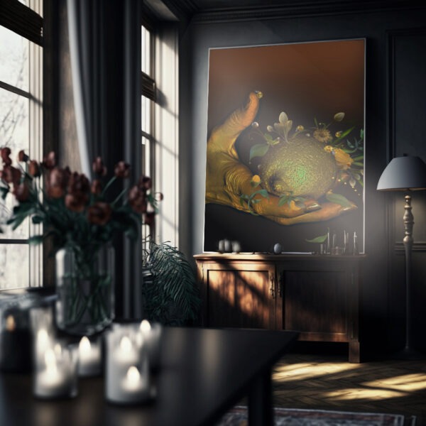 evergold art print with hand and lemon and plants n interior