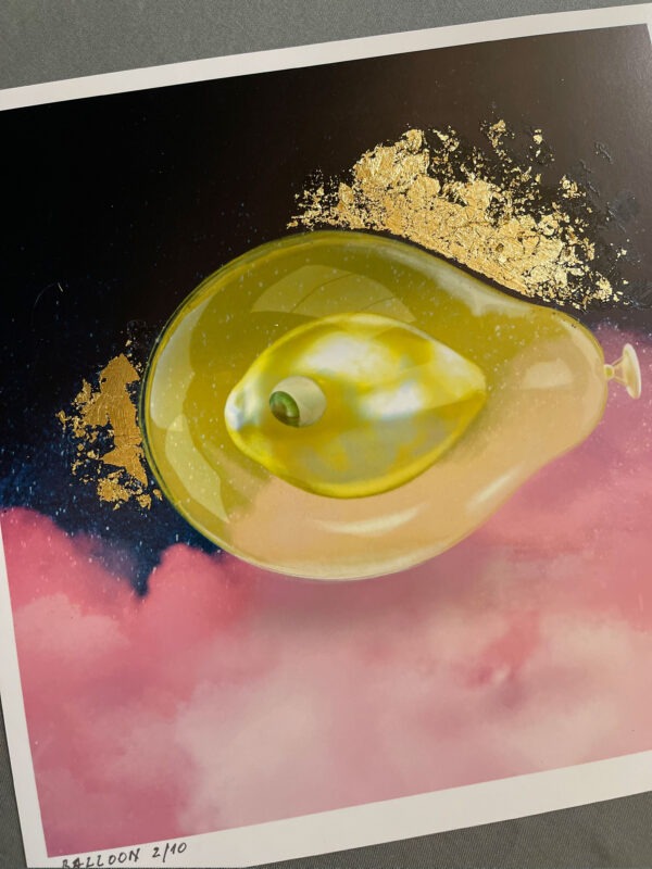Lemon art print balloon, digital art with gold leaf